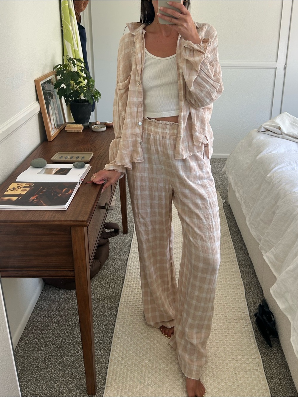 Beige & White Plaid Cotton Set - M
